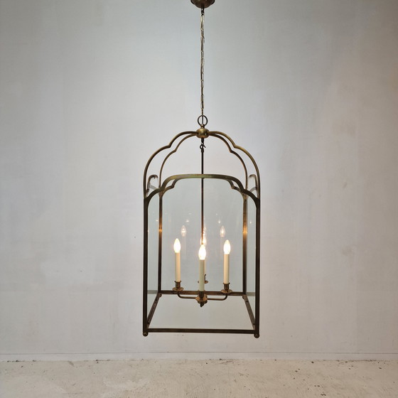 Image 1 of Lanterne de salle vintage en laiton et verre