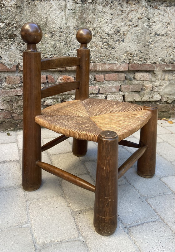 Image 1 of Exceptional Pair of French Brutalist Chairs in the Manner of Charles Dudouyt, 1940s – Sculptural Solid Wood & Straw Seats