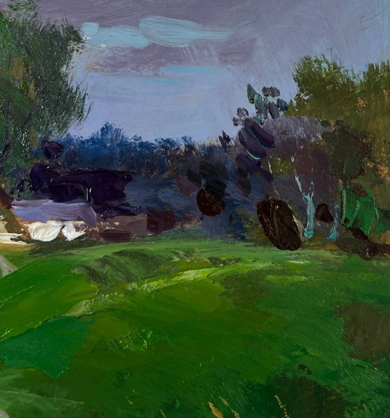 Image 1 of Original Oil Painting Rural Summer Landscape Village Nestled On A Quiet Shore