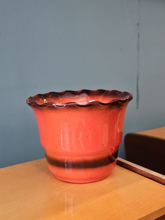 Vintage Orange Brown Ceramic Wavy Flower Pot, Vases (photo 2 of 7)