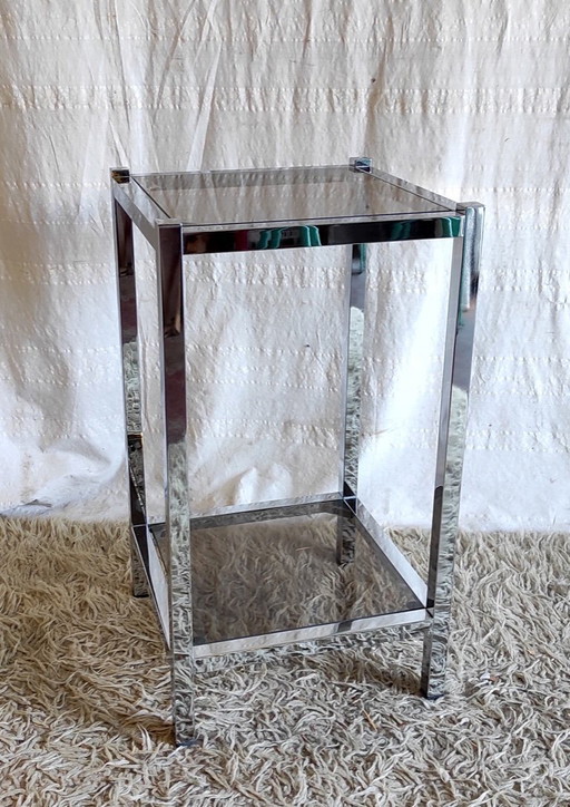 Table D'appoint En Métal Chromé Et Verre Fumé - Années 70/80