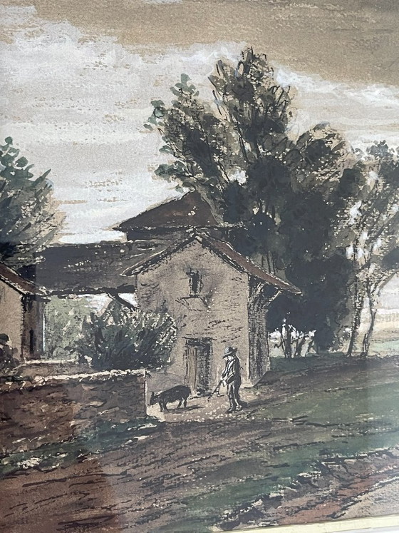 Octave Bellet – Scena Rurale con Cacciatore – Paesaggio, Inizio XX Secolo – Decorazioni murali, Glass (photo 7 of 12)
