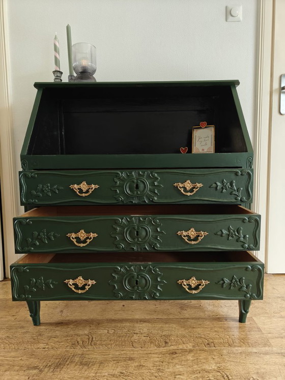 Image 1 of Vintage green secretary cabinet with gold fittings / desk