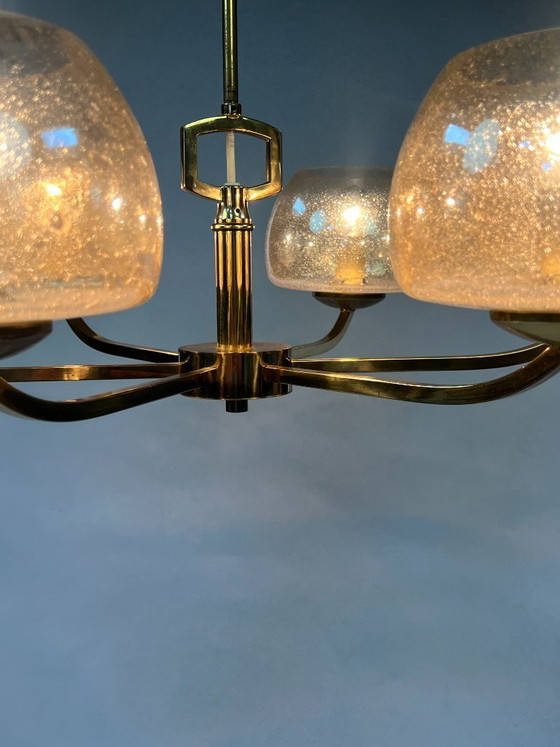 Image 1 of Vintage Brass Chandelier/Pendant Lamp, 6 Arms, Amber Bubble Glass