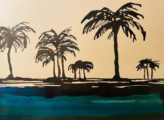 Image 1 of Acuarela bicolor firmada "Crepúsculo en el Nilo"