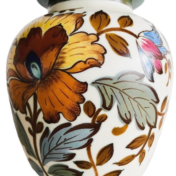 Image 1 of Mid-century Royal Gouda dekselvaas Zuid-Holland dekselpot Verinique bloemen 1950's
