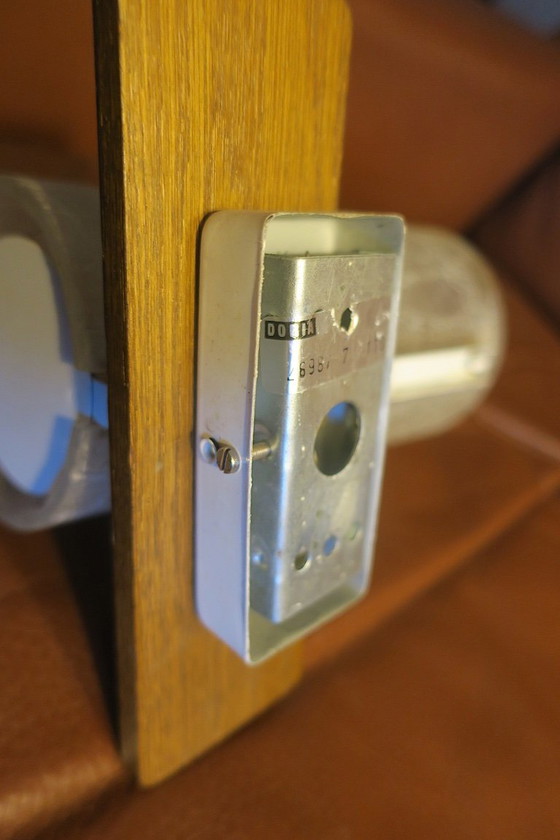 Image 1 of Pair of Doria Leuchten Crackled Frosted Glass and Teak Wall Lights, 1960s