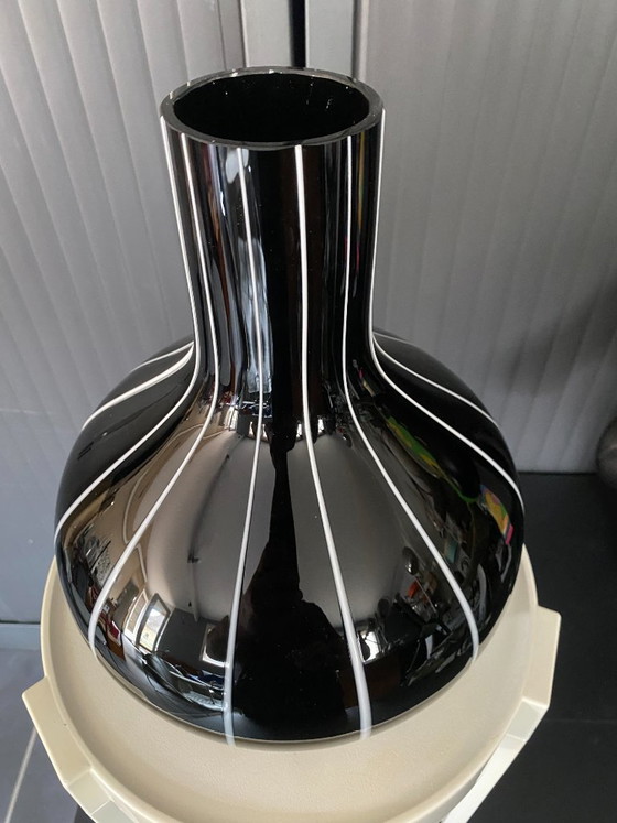 Vintage 1950s Black Glass Vase with White Trim (photo 4 of 16)