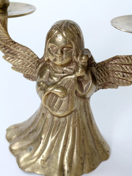 Image 1 of Midcentury Brass Candleholder, Winged Angel for 2 Candles, Christmas Brass Decor