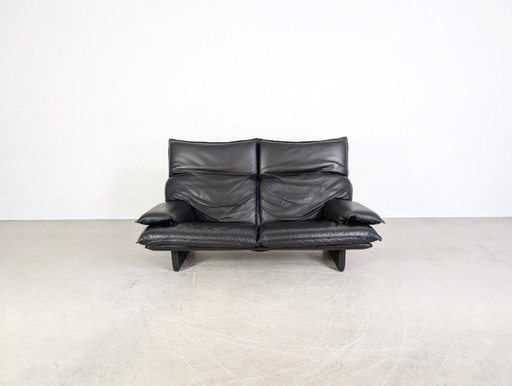 Vintage Italian 3-seater sofa, design couch, black leather, 1980s