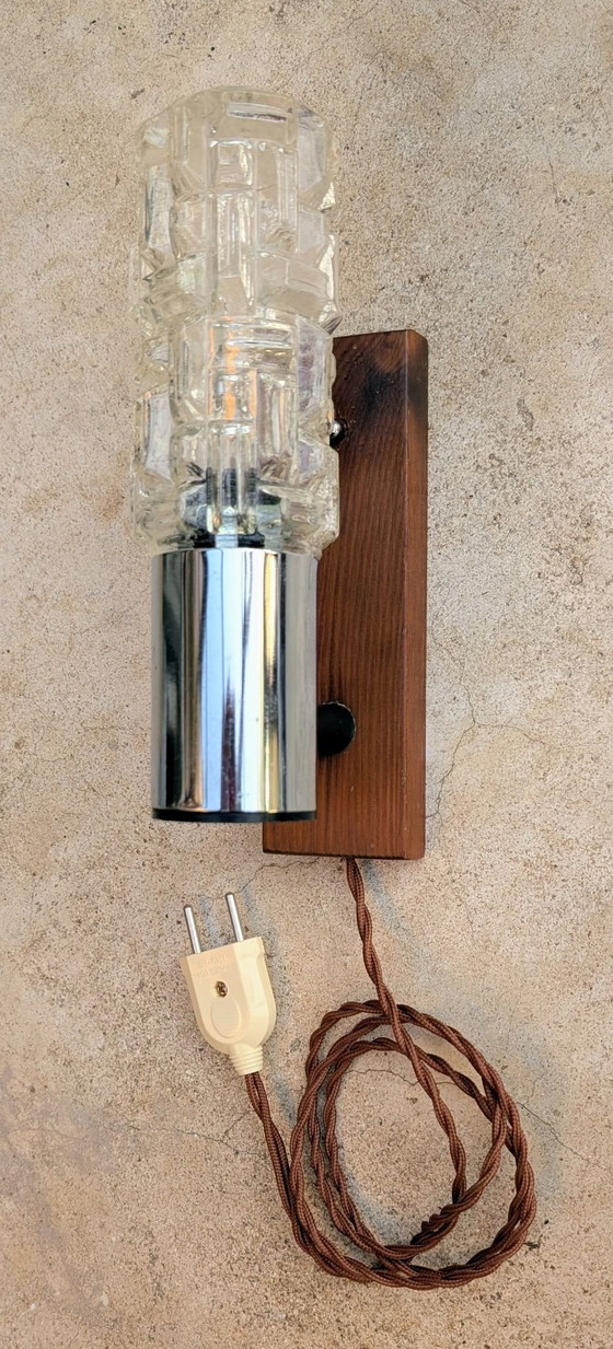 Eisglas Wandleuchte 70er Jahre, Wandleuchten, Holz, Braun (Foto 3 von 9)