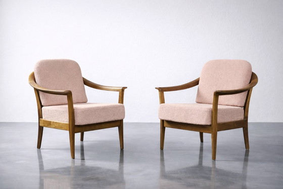 Image 1 of Vintage Mid-Century German Modern Cherry Wood & Dirty Pink Fabric Armchairs from Wilhelm Knoll, 1970s, Set of 2