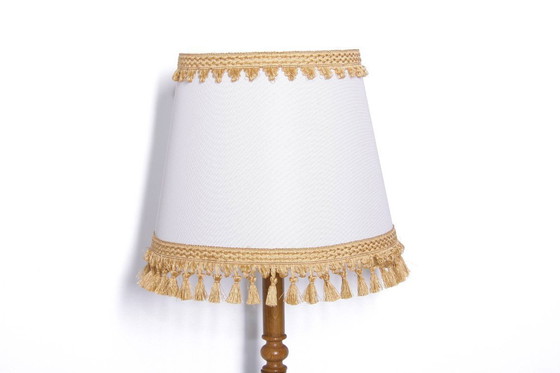 Image 1 of Table lamp wood textile light beige brown fringes 63cm 80s J Vintage