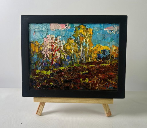 Original Oil Painting Nature Field Landscape Early spring over the village silence