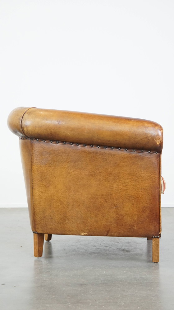 Image 1 of Vintage Cognac-Kleurige Clubfauteuil Gemaakt van Schapenleer