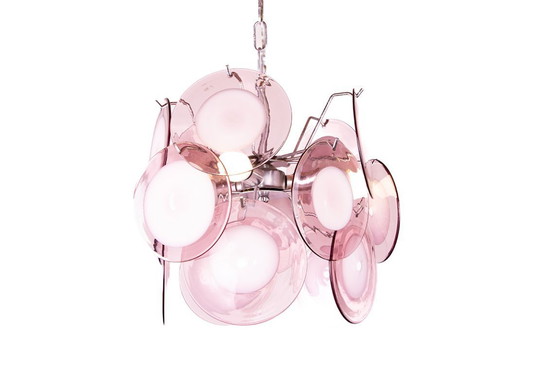 Image 1 of Lampadario “Space Age” composto da 15 pendenti in vetro di Murano rosa e bianco, modello “Disc” di Gino Vistosi 1970.