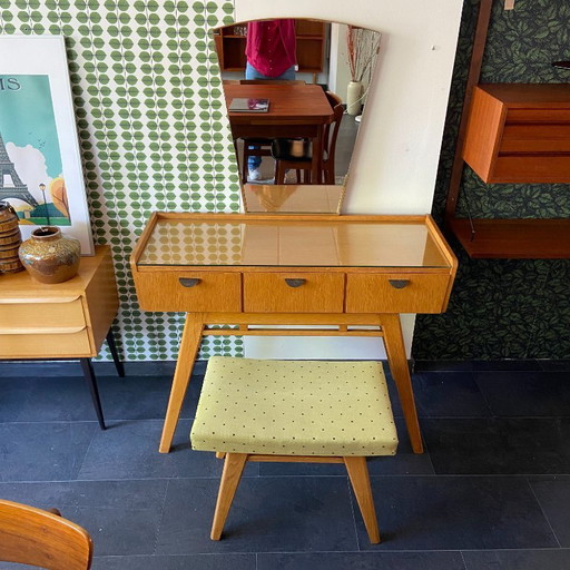 Vintage oak dressing table with mirror and matching stool