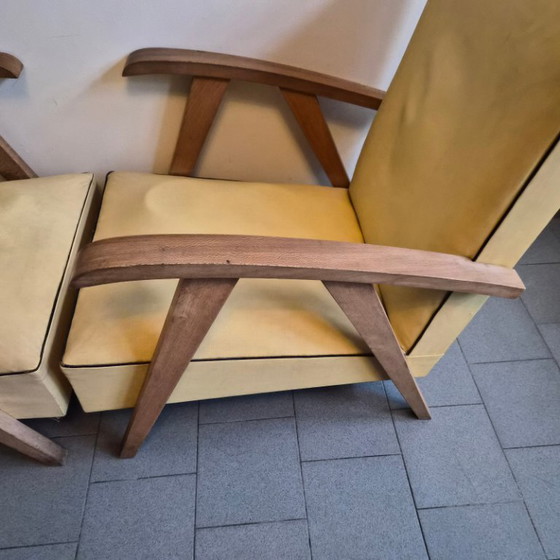 Image 1 of Pair of Vintage 1950s Armchairs with Compass Legs, Beech & Yellow Vinyl, 50s Rockabilly Style