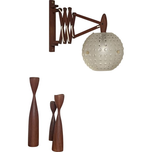 Vintage accordion wall lamp in teak and plastic, 1970