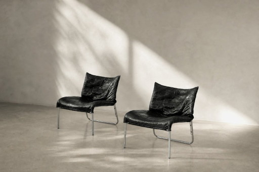 Set van 2 zwarte leren fauteuils met patchwork in Scandinavische stijl uit het midden van de 20e eeuw van Ikea, jaren 80.