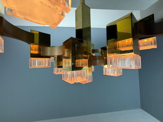 Image 1 of Lustre cubique Sciolari en laiton, édition rare, 17 lumières, Italie des années 1970