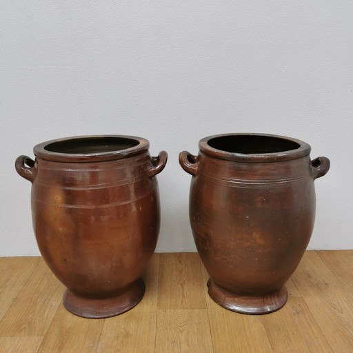 Set Large Earthenware Antique Cologne Pots, Planters, Flower Pots - Set Price
