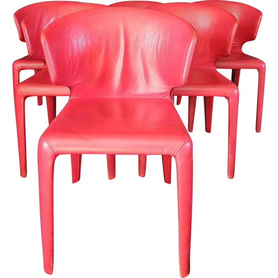 Image 1 of Set of 6 vintage red Hola 367 model chairs by Hannes Wettstein for Cassina