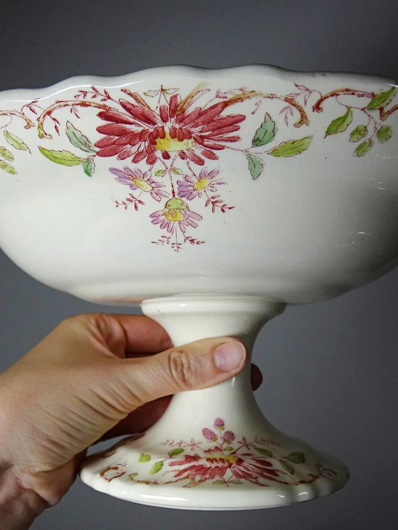 Zeldzame antieke grote compotier Longchamp Terre de Fer model Daisies polychroom – Schalen, Porselein (photo 11 of 14)