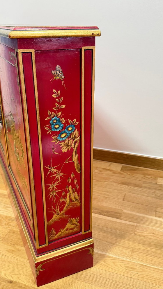 Meuble Console Mince Chinoiserie Vintage, Laqué à la Main (Années 1970), Buffet bas, Bois, Métal, Rouge (photo 9 sur 15)