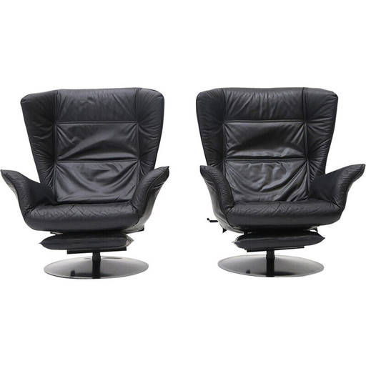 Paire de fauteuils inclinables vintage en métal et cuir noir, Italie 1970