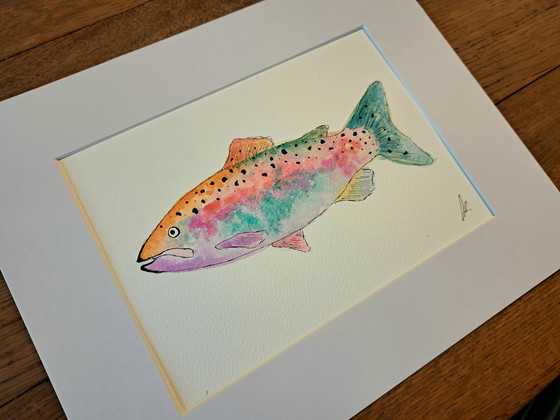 Image 1 of Watercolor painting Colorful Rainbow Trout | With frame