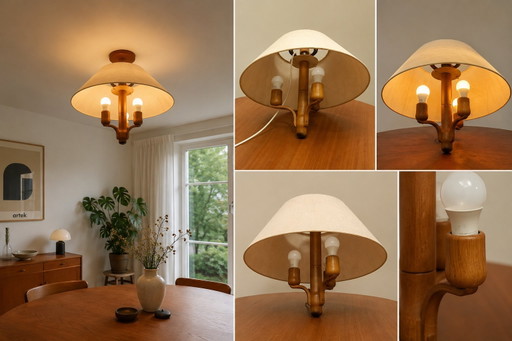 Plafonnier original DOMUS en teck – 3 lumières – Années 1970 – Style milieu du siècle