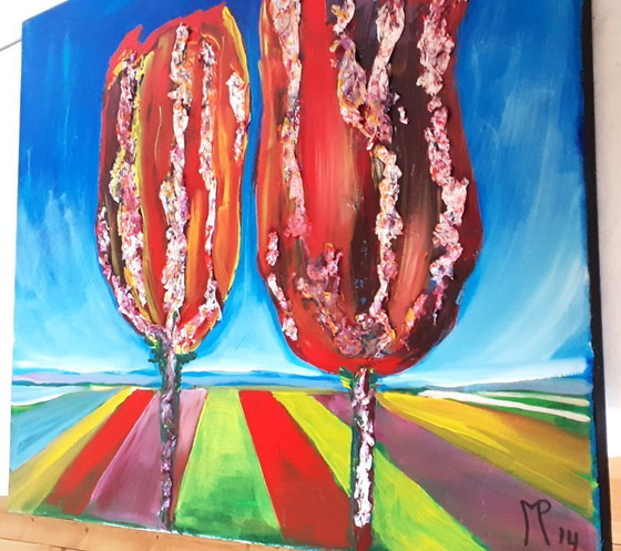 Image 1 of JM gesigneerd schilderij met Titel Tulpenveld