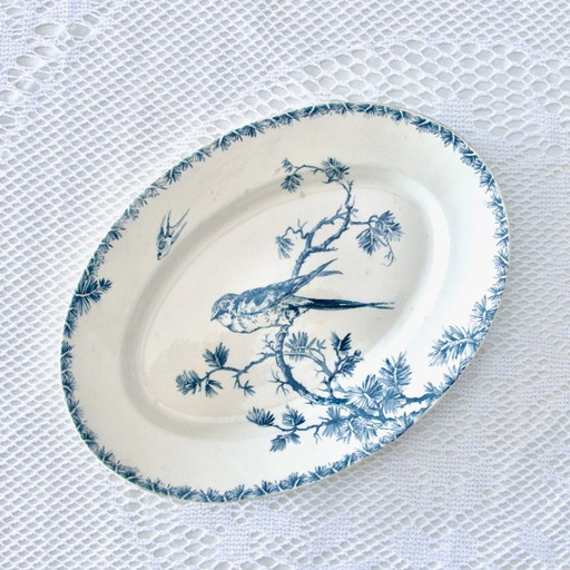 Large oval dish 19th century Gien iron earth "Provençal" birds swallows