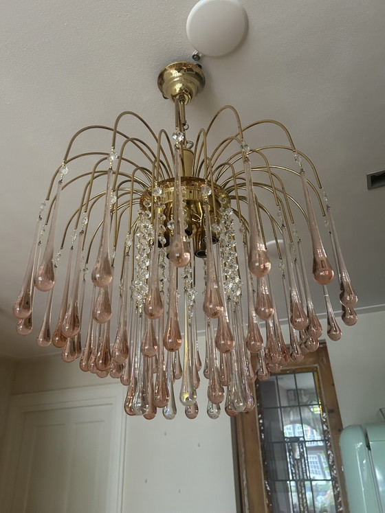 Image 1 of Large Vintage Teardrop Chandelier with Pink Murano Drops
