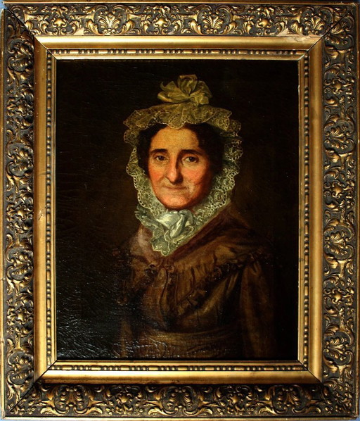 Antikes, goldgerahmtes Ölgemälde: Porträt einer Dame mit Haube