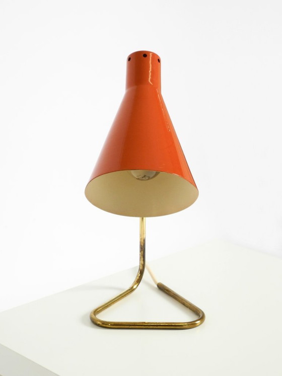Image 1 of Beautiful, Large Mid-Century Modern Brass Table Lamp with a Brick-Red Shade