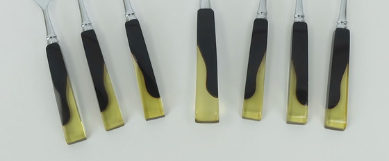 Image 1 of 1930s art déco bakelite CAKE LIFTER and 6 cake forks black bakelite and lucite cake serving set in original box