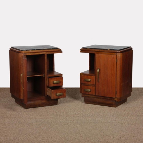 Coppia di Comodini in noce e marmo degli anni '40, Legno, Marrone (foto 2 di 10)