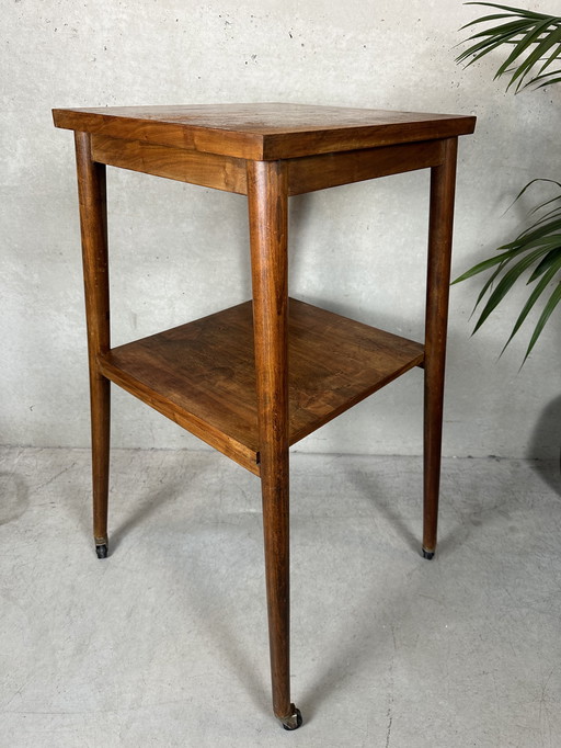 Vintage (hoog) bijzettafel / plantentafel op wielen