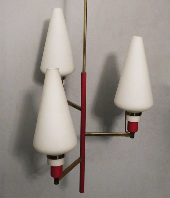 Image 1 of Petit lustre italien en laiton et verre, période Stilnovo 1950
