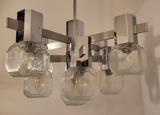 Gaetano Sciolari kroonluchter, 9 lampen, chroom, aluminium, mat glas, Space Age, Brutalisme – Chrome