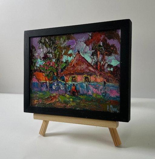 Original Oil Painting Summer Village Landscape Rural Evening in the Yard – schilderijen tekeningen, Canvas (photo 2 of 8)