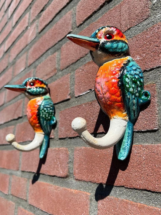 Image 1 of Set of 2 cast iron kingfisher bird sculptures that also serve as sturdy wall hooks - Free Shipping