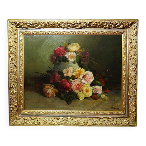 Gran pintura antigua al óleo sobre lienzo, ramo de rosas, firmado, aprox.
