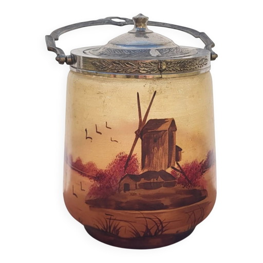 Enamelled glass biscuit barrel 1900