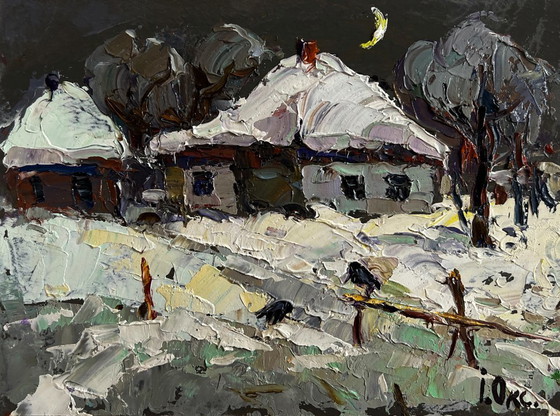 Image 1 of Original Oil Painting Snow Village Landscape Moonlit winter night