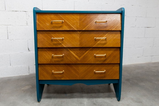 Image 1 of Commode scandinave 1960 atypique bleu Ainhoa Satiné 4 tiroirs