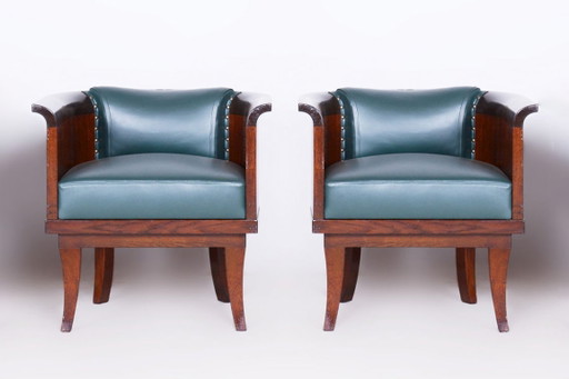 Pair Of Restored Art Deco Armchairs, by F. And H. Gessner, Oak, Czech, 1920s – fauteuils, Leather, Wood
