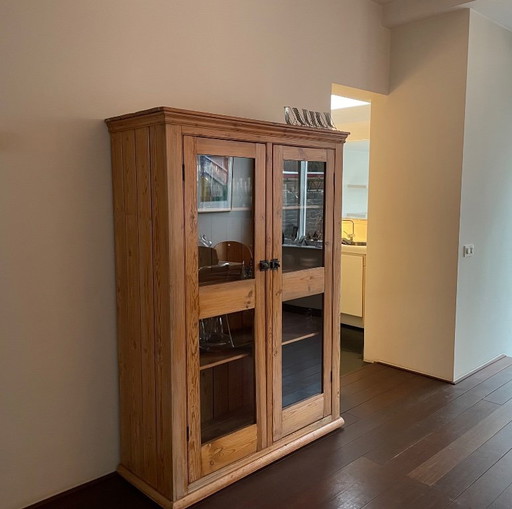 Antieke grenen servieskast – opbergkast, Wood, Glass
